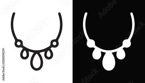 Foto Necklace Icon: A minimalist representation of a necklace, shown in both outline and solid forms, against contrasting black and white backgrounds