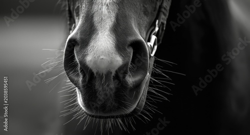 Detailed close-up of horse muzzle featuring black and white tones for equine beauty backgrounds