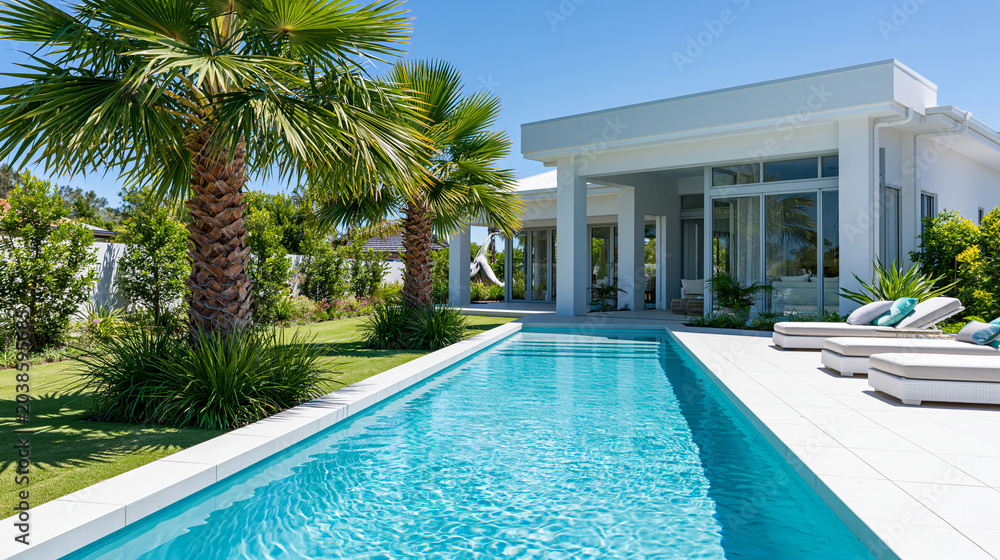 Fototapeta premium Modern house with a long blue swimming pool surrounded by green grass and tall palm trees, lounge chairs on white patio tiles, with copy space