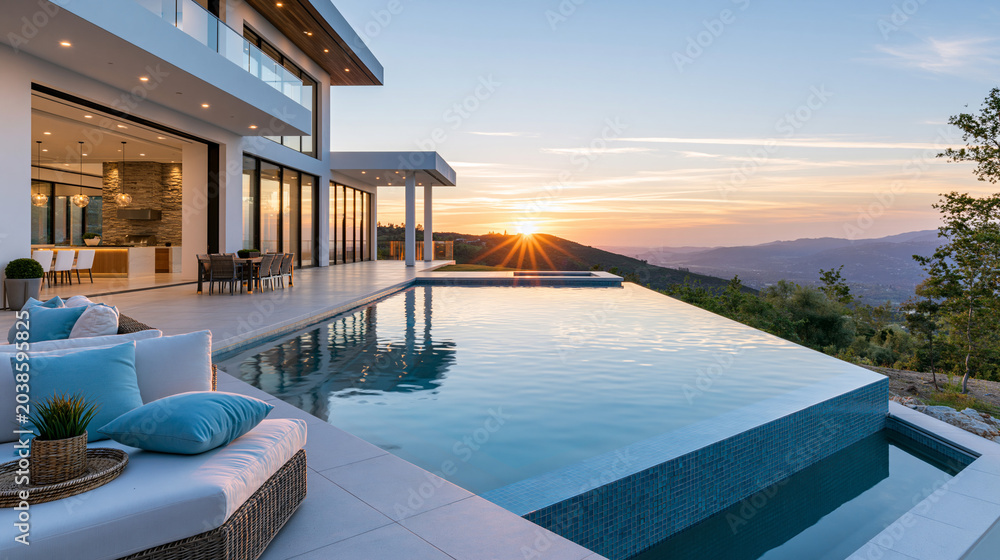Fototapeta premium Luxurious modern estate at sunset with an infinity pool, elegant outdoor living spaces, and floor-to-ceiling glass walls overlooking a valley landscape, with copy space