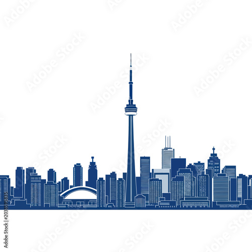 Toronto Cityscape Skyline Silhouette - CN Tower, Buildings, Blue Line Art