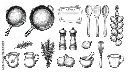 Tableau sur toile Vintage kitchen utensils and cooking ingredients set, hand drawn sketch of cast