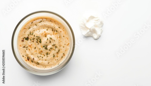 Creamy sauce with Italian herbs displayed in an isolated glass bowl alongside sour cream