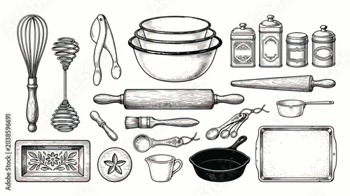 Foto Vintage kitchen utensils and cooking ingredients set, hand drawn sketch of cast