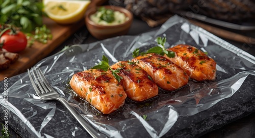 Creative presentation of vacuum sealed salmon fillets using sous vide cooking technique