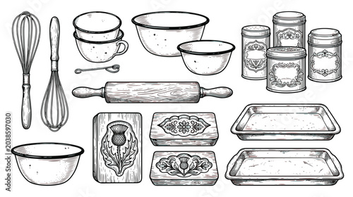 Foto Vintage kitchen utensils and cooking ingredients set, hand drawn sketch of cast
