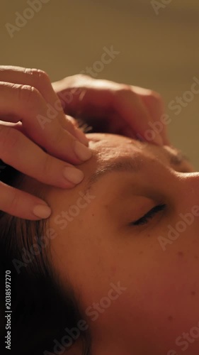 Slow Motion Face Massage Close Up Professional Therapist Doing Acupressure On Client Forehead Spa