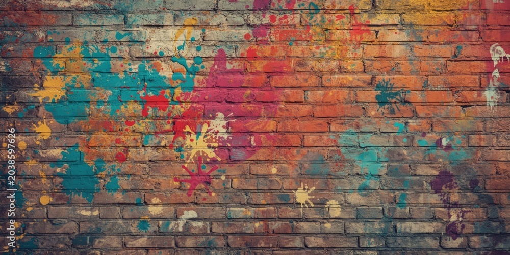 Fototapeta premium Colorful paint splattered on old brick wall background