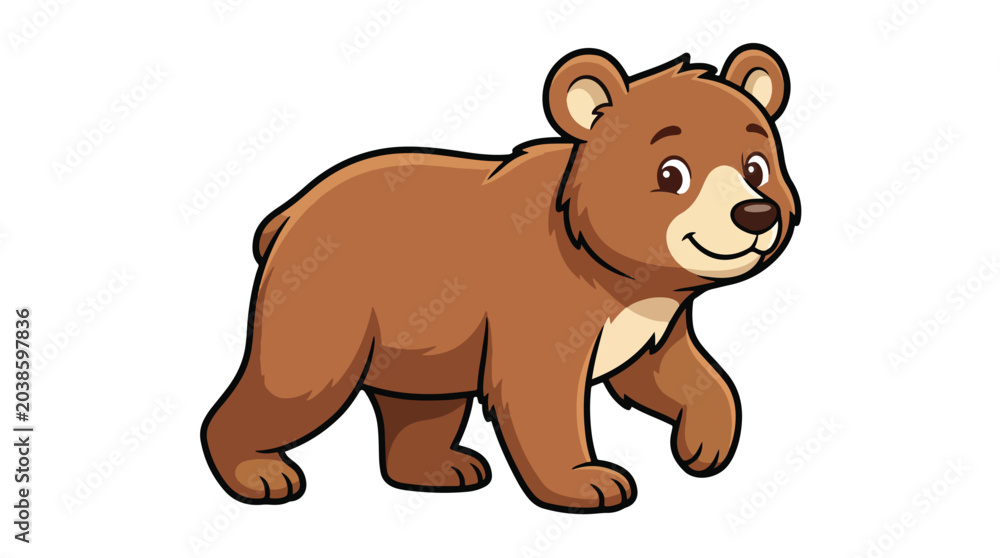Obraz premium Cute cartoon brown bear walking on white background with happy expression