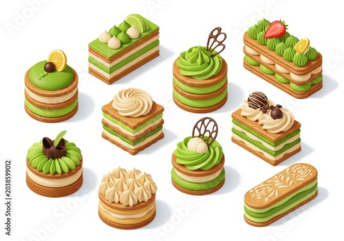Colorful assortment of decorated cakes and pastries