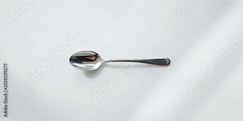 elegant silver spoon placed on minimalist white surface top down view