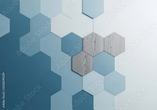 Hexagonal tiles with wooden center pattern design