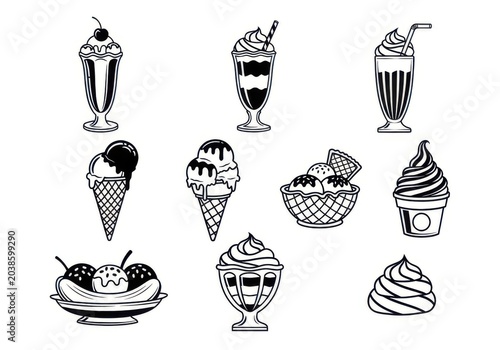 Assorted vintage style ice cream desserts illustration