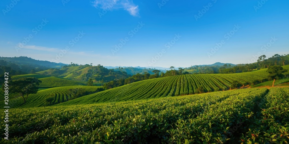 Naklejka premium Expansive tea garden rows stretching across rolling hills under clear skies