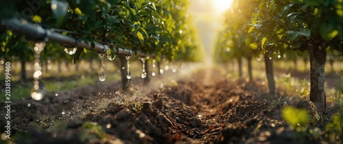 Close-up of efficient water delivery by drip irrigation in orchard farming