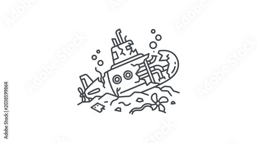 Photography Damaged submarine sinking underwater illustration.