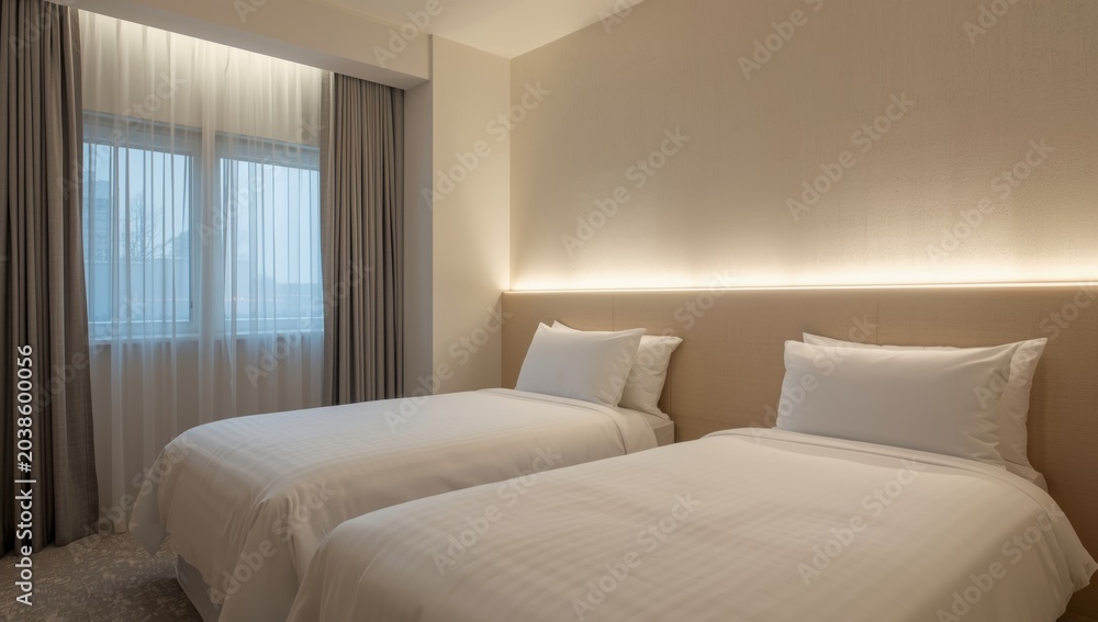 Fototapeta premium Cream colored hotel space presenting twin beds in white with radiant headboard lights and drawn gray window curtains