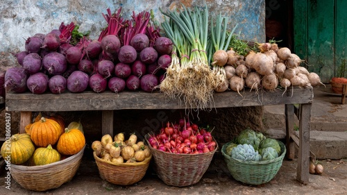 vegetable market stand overflowing with colorful produce, authentic local farming atmosphere
