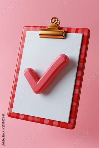 Red gingham clipboard with white paper and pink check mark for checklist background and poster design