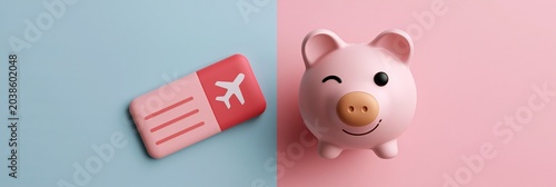 Top view pink piggy bank and airplane ticket on a contrasting pastel split background for travel savings banner and advertisement design