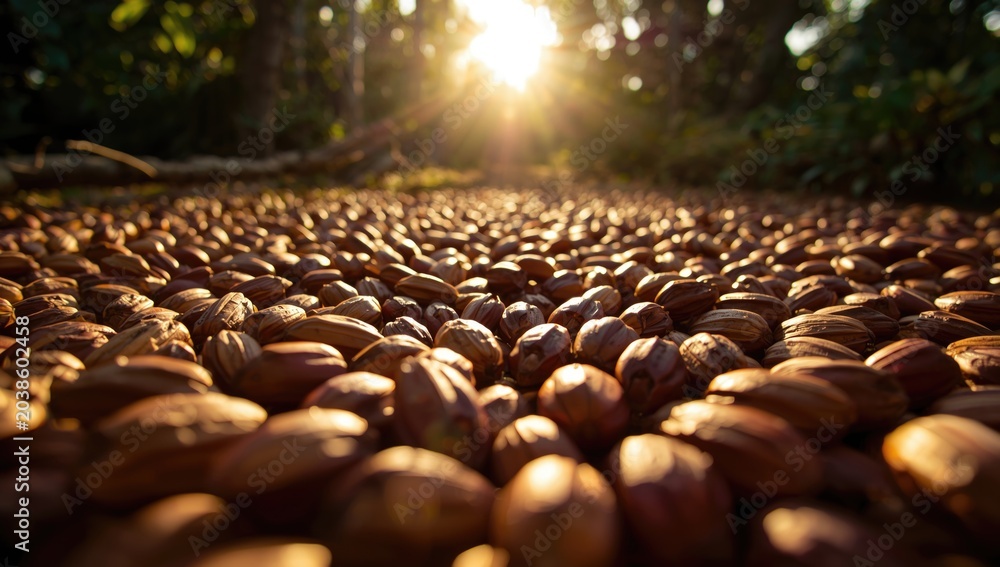 Fototapeta premium Close up of cacao beans drying under the sun in natural surroundings