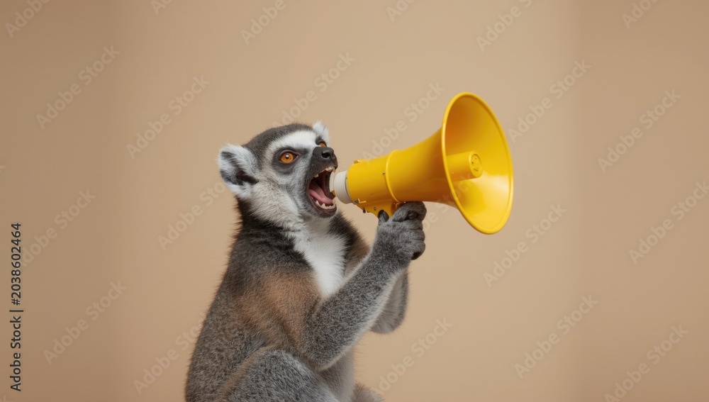 Fototapeta premium Confident communication depicted by a playful lemur shouting into a yellow loudspeaker on a neutral background