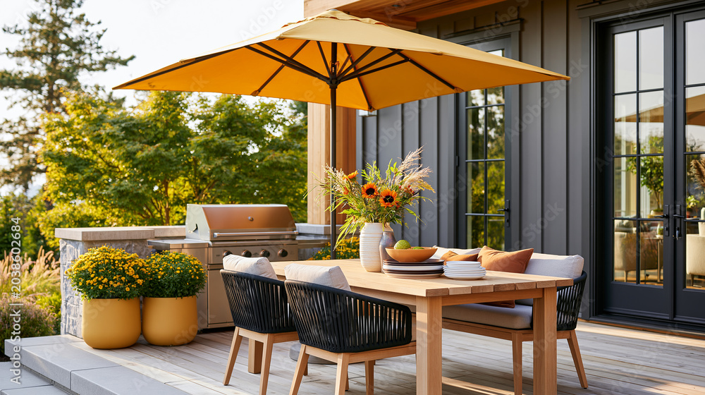 Fototapeta premium Golden luxury patio with a gold grill, dining set, and amber umbrella, mustard potted plants flanking the grill near a home exterior, with copy space