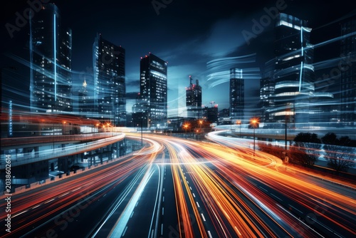 City highway at night showing building architecture and vehicle light trails