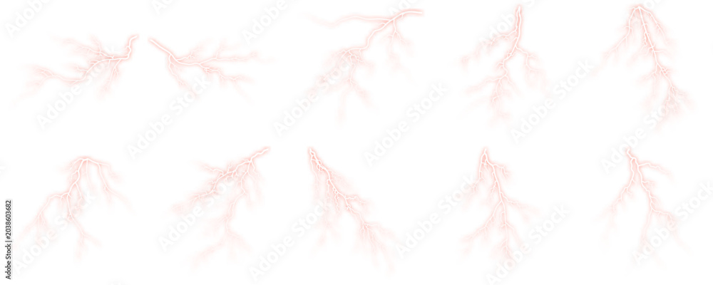 Fototapeta premium Collection of sky flash silhouette Realistic electric glowing, as powerful weather.