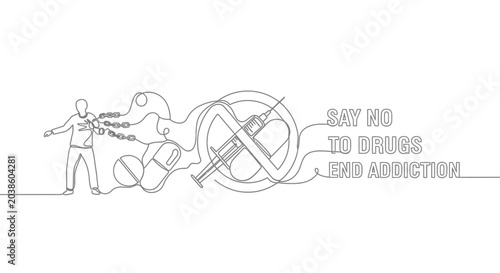 Billede på lærred Drug Addiction Awareness: Person Breaking Chains, Syringe, Pills, Say No To Drug
