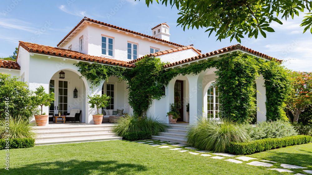 Fototapeta premium Expansive Mediterranean-style villa with a terracotta tiled roof, arched doorways, climbing green plants, and a pristine white stucco exterior, with copy space