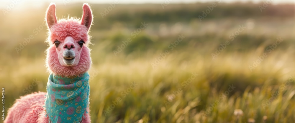 Naklejka premium Friendly pink llama with a trendy scarf displaying a joyful attitude