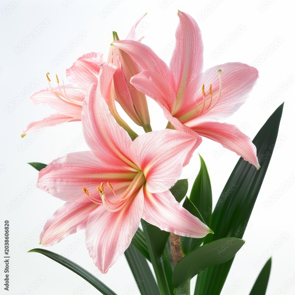 Obraz premium Pink amaryllis flowers blooming, creating a delicate and vibrant display against a clean white backdrop