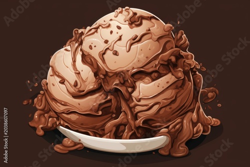 Chocolate ice cream scoops melting on a plate, drizzled with rich chocolate sauce