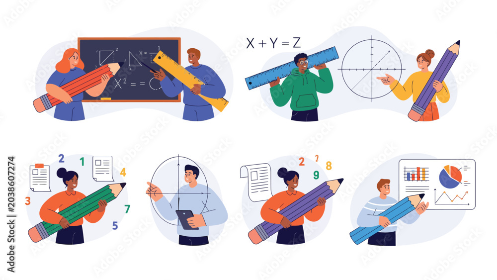Fototapeta premium Set of illustrations depicting students and teachers engaged in various math and geometry activities, using large pencils and rulers to solve problems and analyze data.