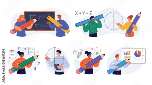 Set of illustrations depicting students and teachers engaged in various math and geometry activities, using large pencils and rulers to solve problems and analyze data.
