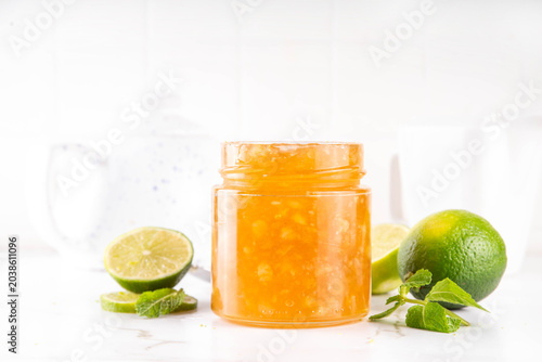 Vászonkép Homemade Sweet and Sour Lime Jam Marmalade, golden citrus marmalade preserves wi