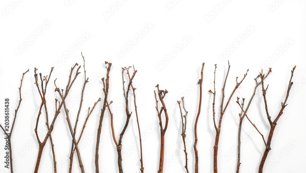 Fototapeta premium Flat white background showcasing clipped dry twig silhouettes for decorative use