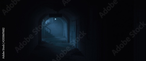Dim hallway in an abandoned underground bunker portraying a sense of seclusion