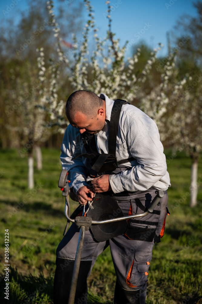 Fototapeta premium Gardener preparing string trimmer for spring orchard work