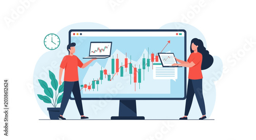 Bild auf Leinwand Stock Market Trading Analysis: People Analyzing Financial Charts on Computer Scr