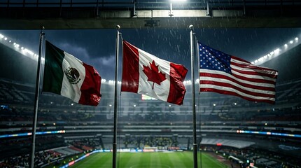Three national flags waving in a stadium under bright lights, representing unity and competition