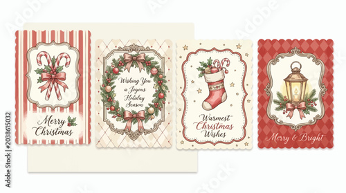 Tableau sur toile A collection of four charming vintage Christmas cards with festive holiday illustrations and greetings