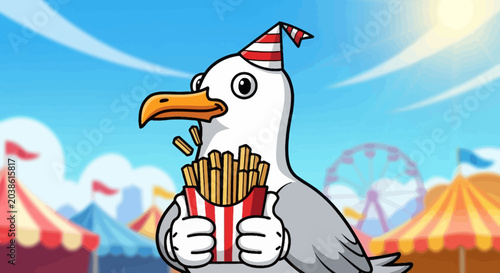Cartoon Seagull Eating French Fries at a Carnival Fair