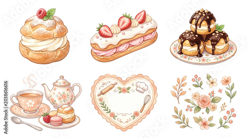 Bild auf Leinwand Charming Watercolor Illustrations of French Pastries, Tea Set, and Floral Elements