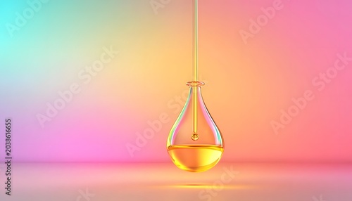Oil drop floats, bright color backdrop.