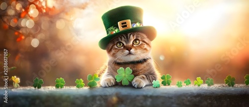 Cat, leprechaun hat, rainbow.