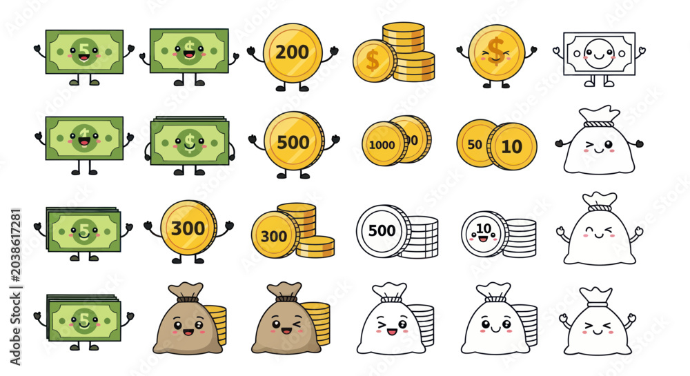Fototapeta premium Cute Money Characters: Bills, Coins, and Money Bags with Happy Faces