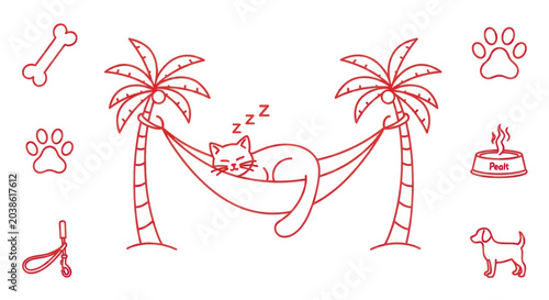 Photos Relaxing Cat Sleeping in Hammock Between Palm Trees, Tropical Vacation