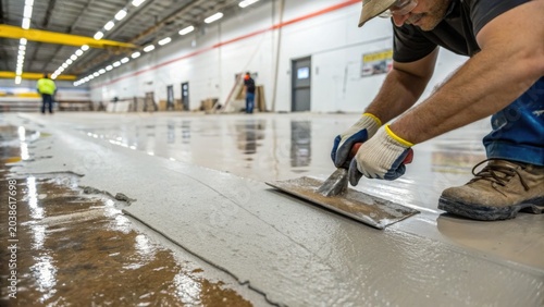 Construction worker smoothing concrete on a large indoor floor in a warehouse or industrial building under bright overhead lighting.
